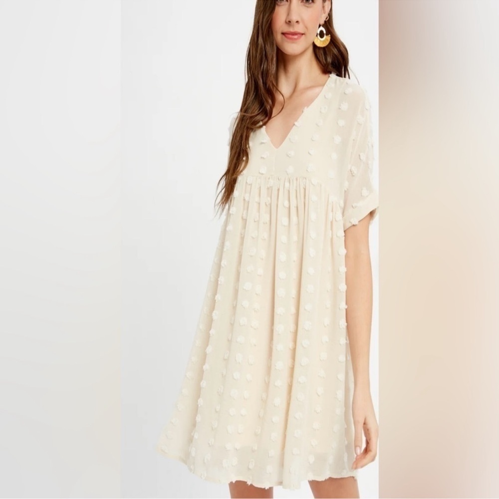 SMALL BEIGE Pom pom babydoll Tunic style dress Size: S Zenana Outfitters